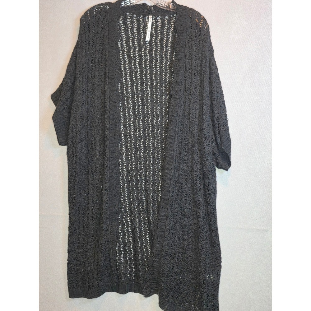 Lea & Nicole Black Open Knit Longline Cardigan Sweater 3X Short Sleeve Layering